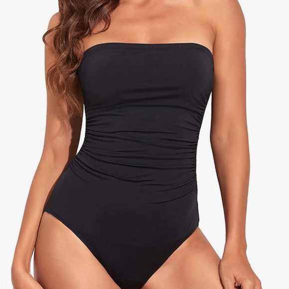 Women Tummy Control One Piece Swimsuits Strapless Bandeau Bathing Suits Slimming - Picture 3 of 4